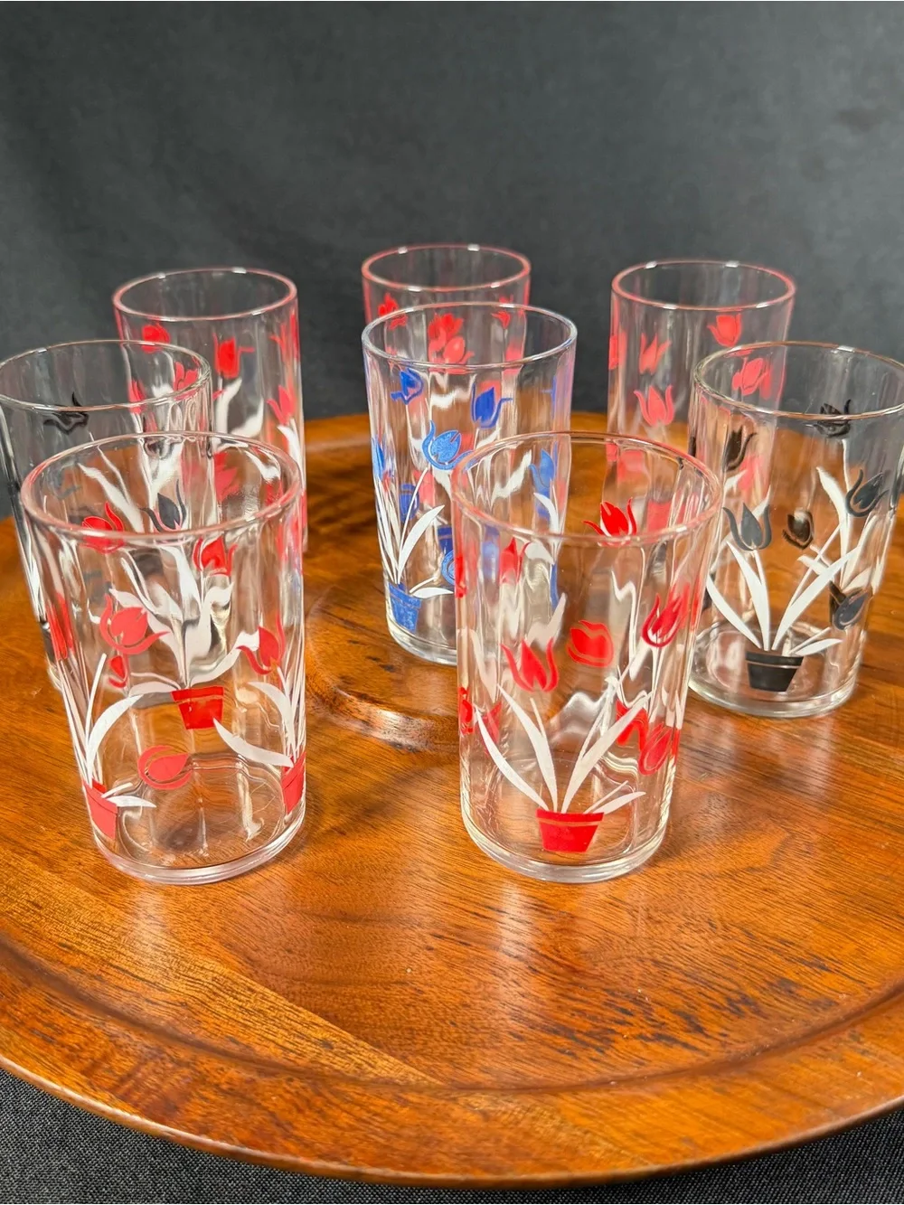 Vintage Floral Glass Tumbler Set - Red and Blue Tulip Design